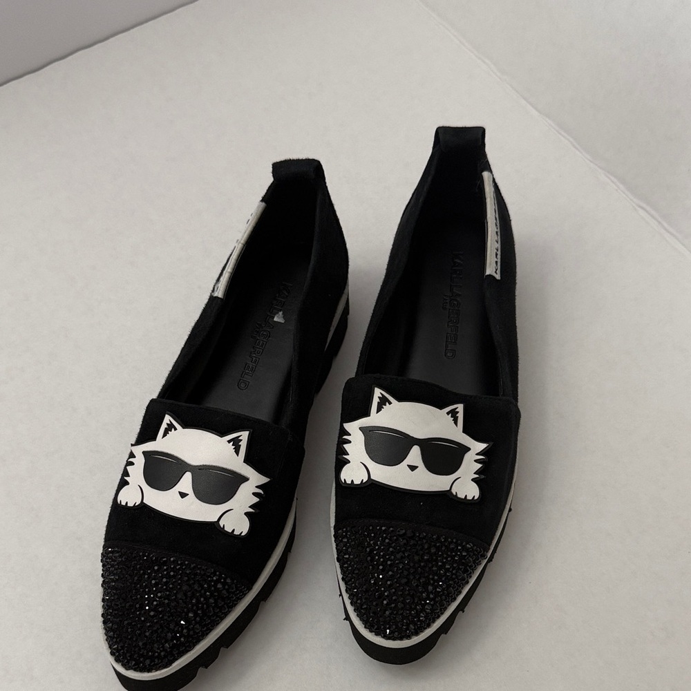 Karl Lagerfeld Black Cat Graphic Crystal-Toe Slip-On Flats